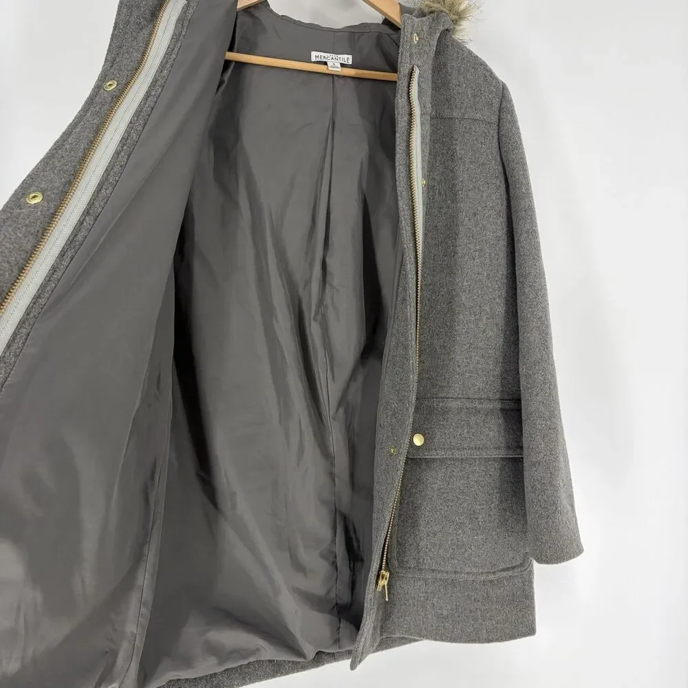 J Crew Vail Parka Coat Size 8 Heather Gray Faux Fur Hood Wool Jacket Lined Warm - Picture 6 of 9